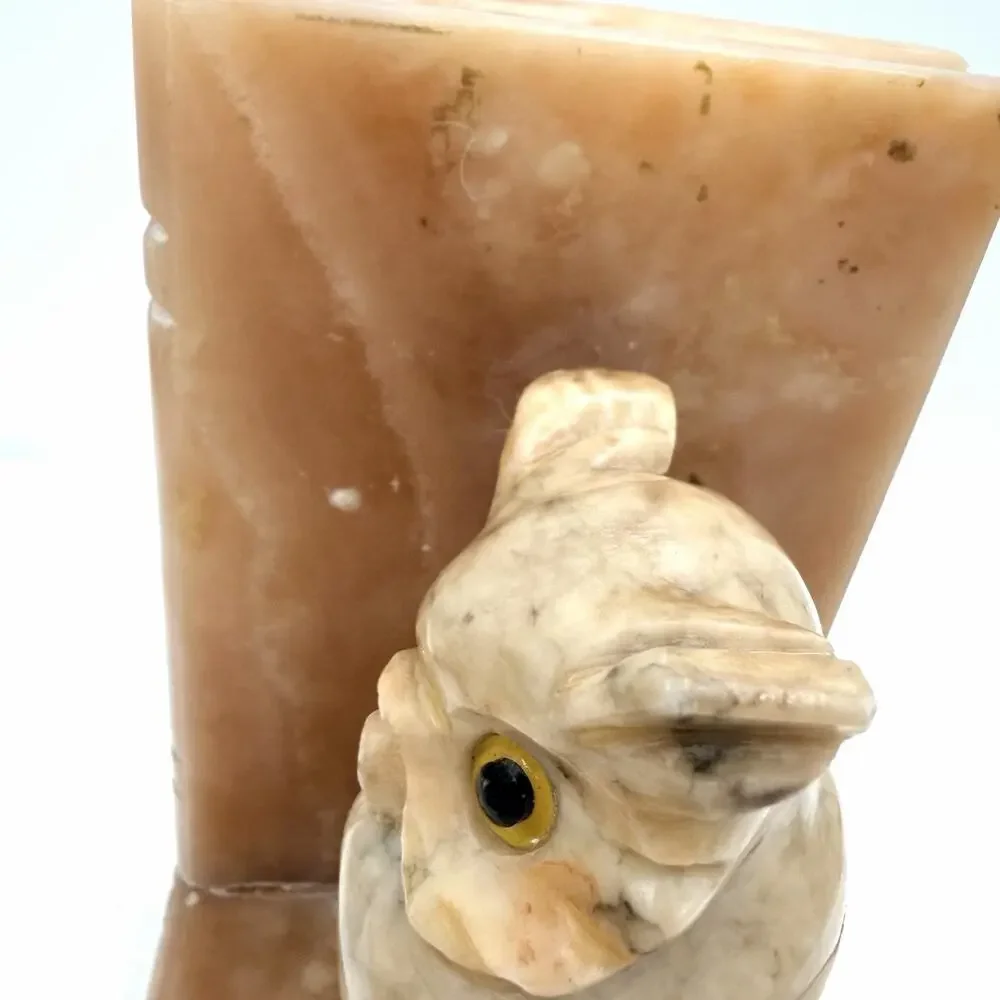 Vintage Hand Carved Alabaster Marble Owl Bookend Glass Eyes Made In Italy